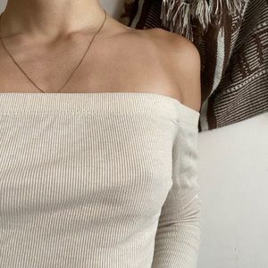 beige long sleeve off the shoulder top